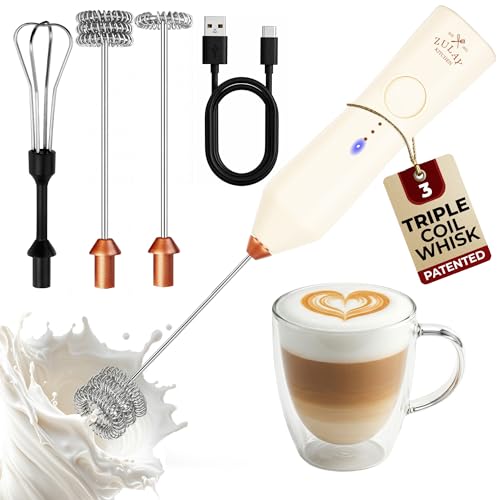 Image of Zulay Kitchen Rechargeable Milk Frother Handheld - Frother Wand, Drink Mixer, Electric Whisk Frother, for Cappuccinos, Matcha & Protein Powder - Dynamic 3 Whisk, 3 Speed 500mAh Cream Gold