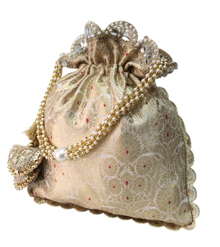 Image of MILAN'S CREATION Pure Banarasi Potli Silk Brocade Bag Purse Drawstring Women's handbag with Pearl Handle & Tassel Weddings