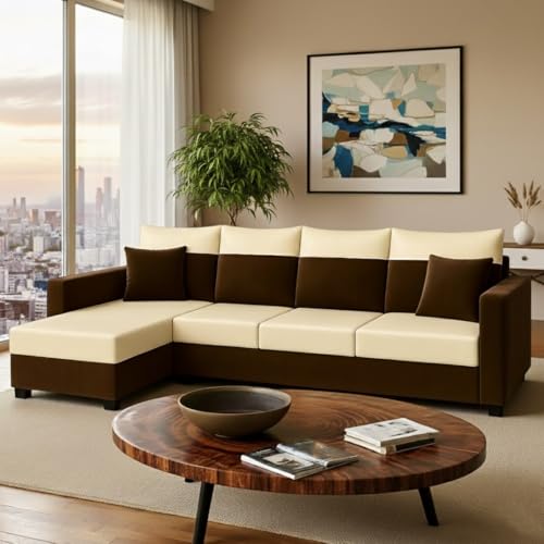 Image of Furny Arevva 6 Seater Fabric LHS L Shape Sofa Set (Cream-Dark Brown) | Soft Velvet Fabric | Modern Design | Comfortable Seating | Living Room Furniture