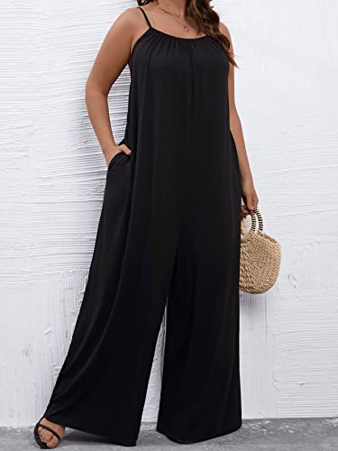 Soly Hux Women's Plus Size Wide Leg Cami Jumpsuits Sleeveless Spaghetti Strap Long Pant Rompers With Pockets Solid Black 3Xl #TOP3