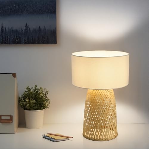 Image of Boho Bamboo Table Lamp, Handwoven Bedside Lamp with Linen Shade, Small Natural Weave Nightstand Light for Living Room, Tea Room, Desk,White