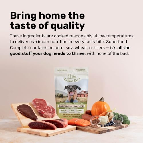 Image of BADLANDS RANCH Air-Dried Beef Dog Food, 87% Real Meat, 24 oz, 4-Pack | Includes organs & salmon; kibble topper or alternative; adult & senior dogs; no corn, wheat, soy or fillers
