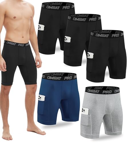 5 Pack Compression Shorts Men with Pocket Spandex Athletic Baselayer Shorts Quick Dry Compression Sports Underwear
