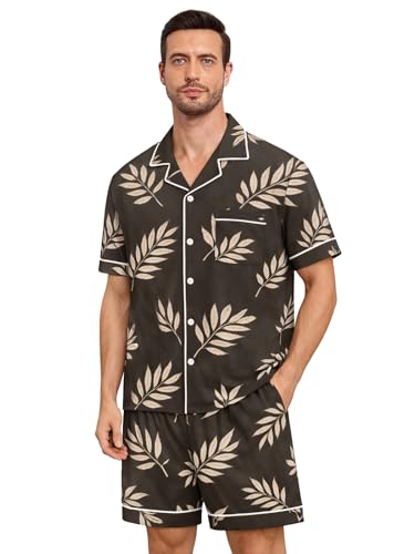 Image of Mens Pajamas Set Short Sleeve Sleepwear Summer Pjs Button Down Pijamas Set Modal 2PCS Pj Set with Pockets, Grey Leave-M