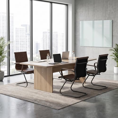 Image of HNY Modern Retro Brown Office Chairs Set of 4, Waiting Room /Conference Room, No Wheels, Sled Base, 400 lbs Capacity