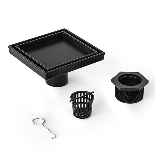 Bernkot Square Shower Drain 6', Matte Black Floor Drain with Tiled Insert Grate & Hair Strainer...