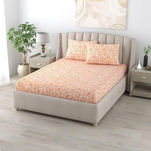 Image of LINENWALAS 100% Cotton Twill Weave All-Around Elastic Fitted Bedsheet with 2 Pillow Covers for Queen Size Bed - 200 TC, Soft Durable & Economical Printed Sheets (60x78 Inch, Paisley Drop Orange)