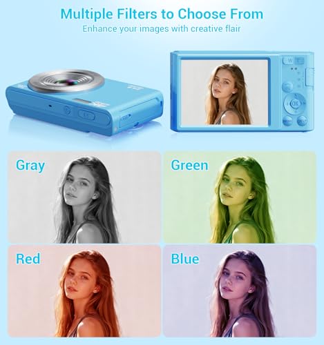Image of Digital Camera 4K, Autofocus Digital Compact Digital Camera,16X Digital Zoom Upgraded Travel Camera with 64GB SD Card,2 Batteries,Small Camera for Teens Kids Boys Girls,Blue