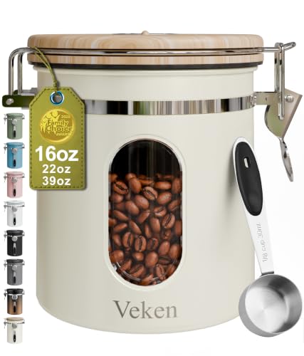 Image of Veken Coffee Canister with Window, Airtight Stainless Steel Container, 16OZ | Date Tracker,Kitchen Food Storage Organizers for Beans, Ground, Espresso, Rice,Tea, Sugar,Cereal, Gifts,Lids,Jars,Scoop,Cream