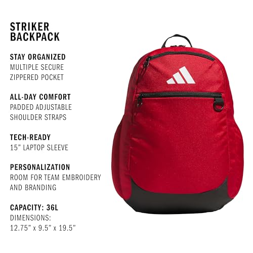 Image of adidas Striker 3 Team Sports Backpack - Daypack for Sports Gym Travel, 36L, Power Red, OSFA