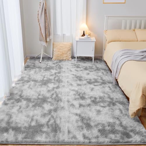 Puremy Wohnzimmerteppich, Hochflor Teppiche Wohnzimmer Deko Flauschiger Weich Waschbarer & Anti-Rutsch Modern Shaggy Teppich für Schlafzimmer, Kinderzimmer, 140x200cm, Tie-Dye Hellgrau