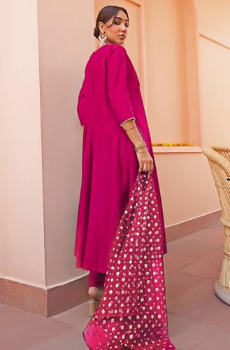 Janasya Indian Women's Chanderi Silk Pink Yoke Embroidered Festive Wear Kurta Set for Women3