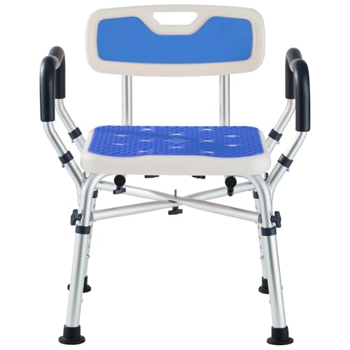 KSITEX Silla de Ducha Mayores Silla Ducha Ancha y Resistente con Respaldo y reposabrazos, Asiento De Ducha Antideslizante para Baño con Ajuste De Altura en 6 Niveles para Adultos y Personas Mayores