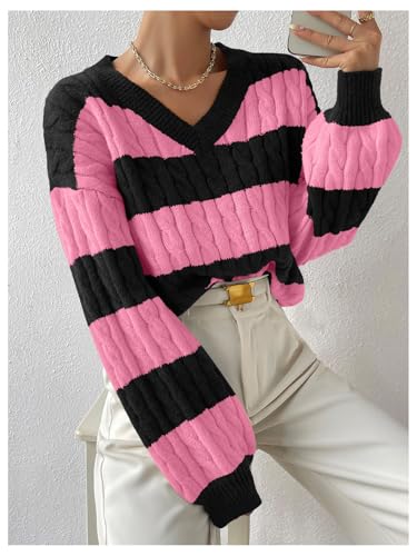 MakeMeChic Women's Cable Knit Color Block Striped Sweater V Neck Long Sleeve Pullover Tops4