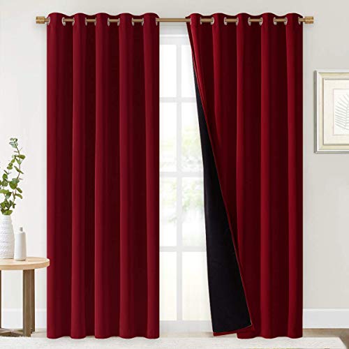 Image of NICETOWN 100% Blackout Curtains with Black Liner Backing, Thermal Insulated Curtains for Living Room, Noise Reducing Drapes for Christmas, Burgundy Red, 70 inches x 84 inches Per Panel, Set of 2