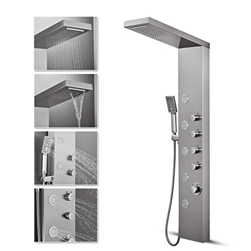 Rovate Rainfall Waterfall Shower Tower Panel System, Stainless Steel Bathroom Shower Panel Tower With 5 Body Sprays And 3 Sets Handheld Shower, Shower Column Wall Mount, Delicate Brushed Finish #TOP1