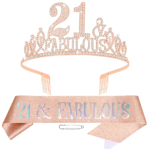 Hapdoo Rose Gold 21th Birthday Decorations for Girls, 21st Birthday Girl Decorations Set - 21st Birthday Sash and Crown for Gifts, Happy 21st Birthday Decorations Birthday Tiara for Girls