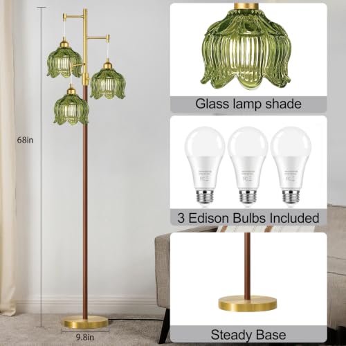 Image of ZECOXOL Wood Floor Lamps for Living Room Bedroom-Rustic Glass Floor Lamp with Three Led Bulb, Modern Mid Century Standing Lamp Brass Vintage Tall Lamp Gold Tree Floor Lamp for Bedroom Corner