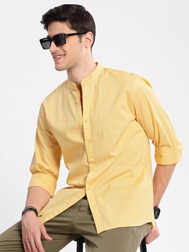 Image of SHOWOFFFF Men Solid Casual Shirt | Mandarin Collar Full Sleeves Cotton Shirt for Mens | Slim Fit Regular Length Shirt for Men's