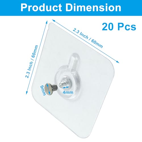 Image of 20 Pcs Wall Hangers Without Nails, 60 x 60 mm Picture Hangers Without Nails Adhesive Screws, Waterproof Nailless Wall Hooks for Bathroom, Kitchen, Home and Office to Hang Mirror, Photo, Key
