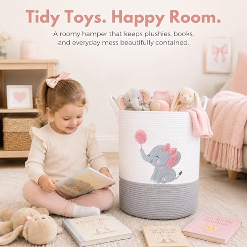 Image of Elephant Baby Laundry Basket for Girl Nursery, Pink Rope Hamper, 20x15 in