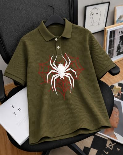 Image of AUSK Men's Spider Graphic Printed Polo T-Shirt | Cotton Blend Textured Half Sleeve Regular Fit Polo Neck Casual Wear Tshirt for Men