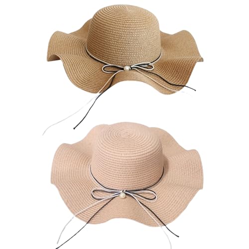 Sombrero para el Sol para Mujer, 2 Piezas Sombrero De Paja Sombrero Paja Mujer Verano Gorra de Sol Plegable ala Ancha Grande Sombrero de Playa Transpirable(Caqui, Rosa)