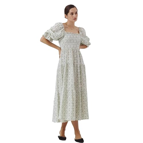 Image of NOTHING FITS BUT Kiko Maternity Gown, Puffed Short Sleeve Maternity Dress for Women, Off Shoulder Pregnancy Dresses, Cotton Baby Shower Dress (Blue Poppy, Large)