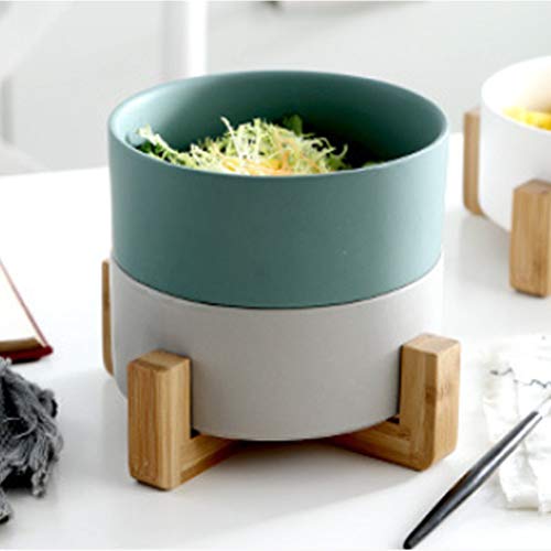 Tigela de salada para almoço, tigela criativa de cerâmica com suporte de madeira de bambu, utensílio