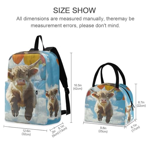 Flying Cow Print Backpack Set with Lunch Bag, Large Capacity Travel Backpacks and Lunch Box Insulated for Commute Hiking Picnic2