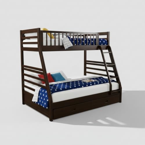 Image of APRODZ Solid Wood Elvira Dark Walnut Twin Over Queen Size Bunk Bed with Storage