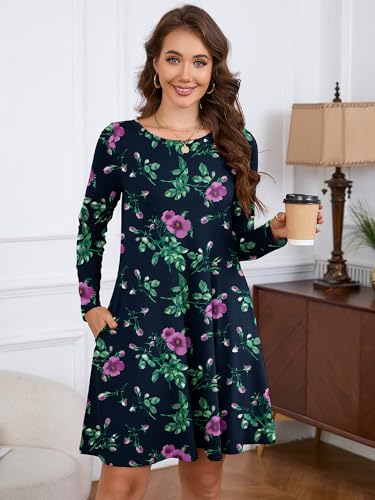KORSIS Women Long Sleeve T-Shirt Dress Floral Round Neck Casual A-Line Loose Vocation Christmas Tunic Dresses with Pockets S — view 2