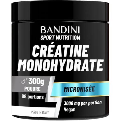 Bandini® Créatine Monohydrate en Poudre 100% Pure pour Augmenter la Performance et la Puissance Musculaire, Creatin non aromatisé, 88 Portions, 300 g, Micronised Creatine Powder, soluble et vegan