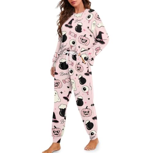 Image of Womens Lounge Set Long Sleeve Soft Pajama Sets | Casual 2 Piece Pj Outfit, Crewneck Sleepwear with Pockets, Adjustable Drawstring, Soft Comfy Fall Pajamas, Plus Size