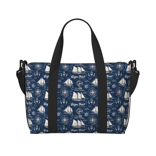 Travel Duffle Bags For Women Men - Navy Blue Nautical Pattern Print Personal Item Weekender Overnight Gym Carry On Airport Tote Bag With Strap For Yoga, Travel, Business Trips