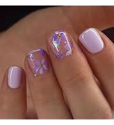 Flower Press on Nails Short Square Fake Nails Press ons with Designs Purplel False Nails Glossy F...