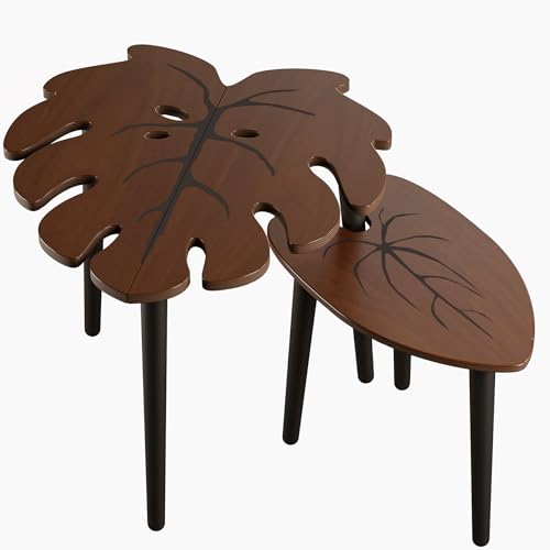 BAMEOS Monstera Leaf Nesting Tables Set of 2, Small Side Tables f Set with Leaf Vein Pattern, Modern Wooden CoffeeTables for Living Room Bedroom Apartment Balcony Yard by BAMEOS - Image 7