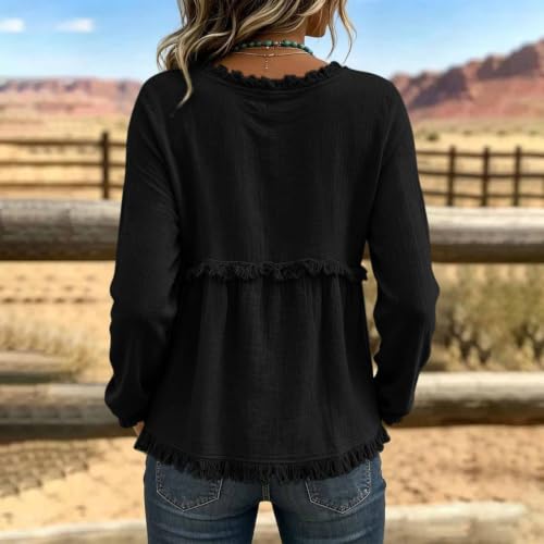 Boho Tops for Women V Neck Fringe Trim Long Sleeve Blouse Relaxed Fit Casual Fall Western Peasant Shirt Tunic Top Boho Blouses for Women Black S - image 3