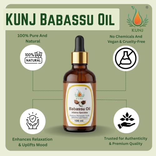 Image of KUNJ Babassu Oil 100ml - 100% Pure & Natural Cold Pressed Undiluted Carrier Oil for Hair, Skin, Face & Body Care | Lightweight Non-Greasy Moisturizing Oil | Fast Absorbing