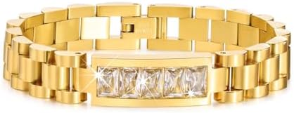 MPRAINBOW 2pcs 18K Gold Plated Chain Link Bracelet, Stainless Steel Crystal Friendship Bracelets Bangle,Watch Band Chains Wristband Jewelry with Adjust Tool