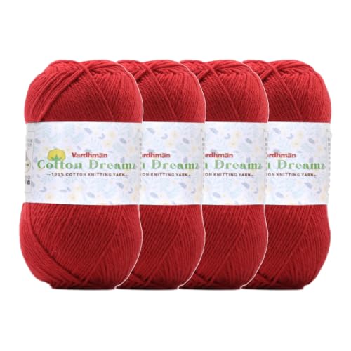 Image of Vardhman 100% Cotton Dreamz Light Weight Natural Thin Yarn | Pack-4 100g | Knitting & Crochet Projects | Soft Natural Yarn | Ideal for Garments, Summer Wear & Accessories | Red, CJH007 P4