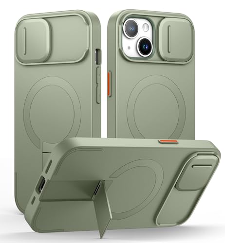 Coque magnétique iPhone 15 avec protège-caméra coulissant et support vert