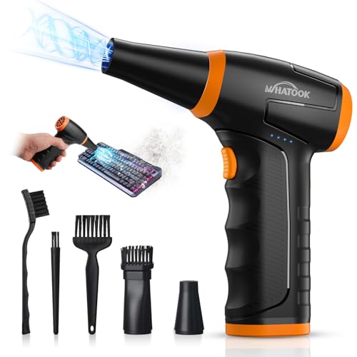 WHATOOK Soplador de Aire Polvo Eléctrico PC Luz LED, 3 Velocidades 150000RPM Mini Comprimido Limpieza Air Duster Potente Batería de 8000mAh, USB Recargable Soplador de Aire para Teclado, Coche, Sofá