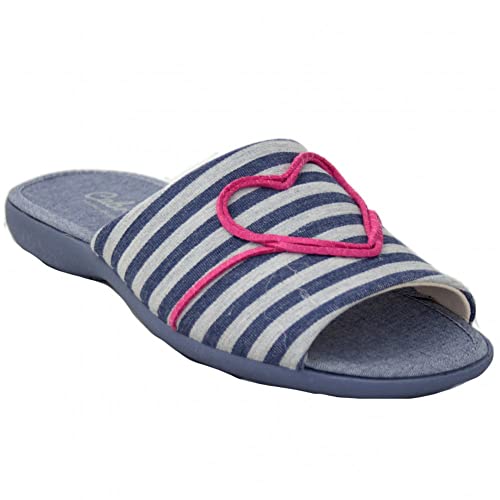 Chaussures d'été bleu rayé Cabrera 4405 motif cœur Amore et cordon fuchsia ajustable