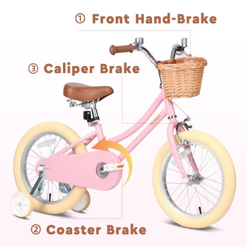Image of Petimini Vintage Kids Bike for Girls, 12-20 Inch Classic Bicycle with Wicker Basket & Bell, High Tensile Steel Frame, Training Wheels (12-18 inch), 85% Pre-Assembled, Retro Bike for Outdoor Riding