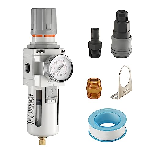 VEVOR Air Compressor Filter Regulator, 1/2' NPT 5μm Air Dryer for Compressor, Single Stage Semi-Auto Air Compressor Water Separator with Brass Filter Element, 7.5-125PSI Pressure Regulator, Poly Bowl