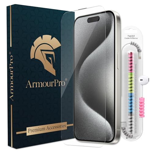 Image of ArmourPro Military-Grade Borderless Tempered Glass for iPhone 15 Pro (6.1 Inches) with Edge to Edge Protector Coverage, Cable Protector and Easy Installation Kit | Anti Dust Mesh Filter