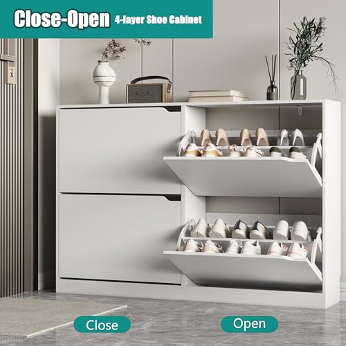 Image of Xixini Shoe Storage Cabinet for Entryway with 4 Flip Drawers, Sturdy Wood Hidden Shoe Storage, Freestanding Narrow Slim Shoe Organizer for Front Door Entrance, Living Room, Hallway, Bedroom, White