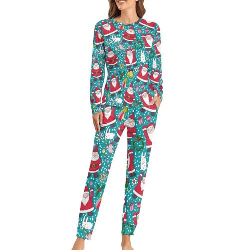Pyjama femme Père Noël dessin animé ensemble t-shirt manches longues pantalon sleepwear hiver