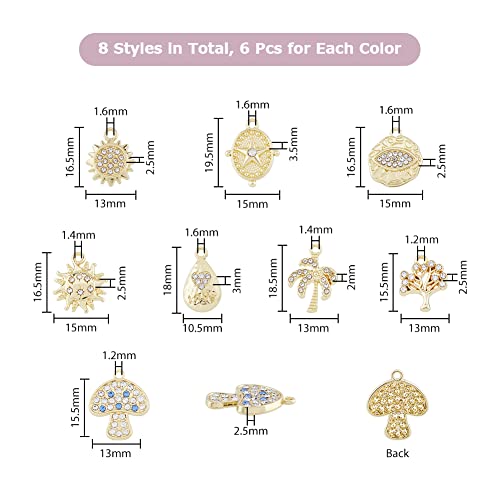 DICOSMETIC 48Pcs 8 Styles Small Rhinestone Charms Flat Round with Eye Pendants Moon Star and Sun Charms Light Gold Tree Charms Alloy Pendant for DIY Crafts Jewelry Making Hole: 1.2~1.6mm - Image 2